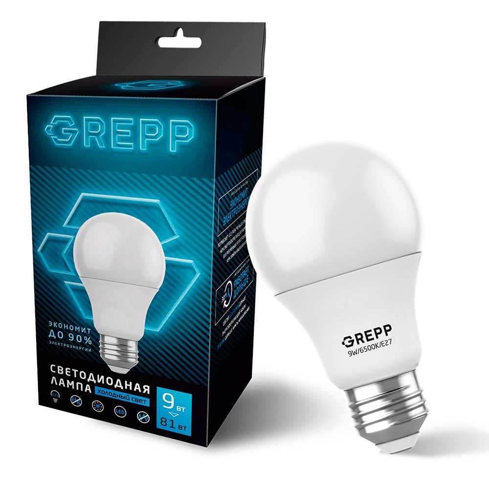 GREPP Лампочка светодиодная, 9 Вт/6500K/E27 165-001/100