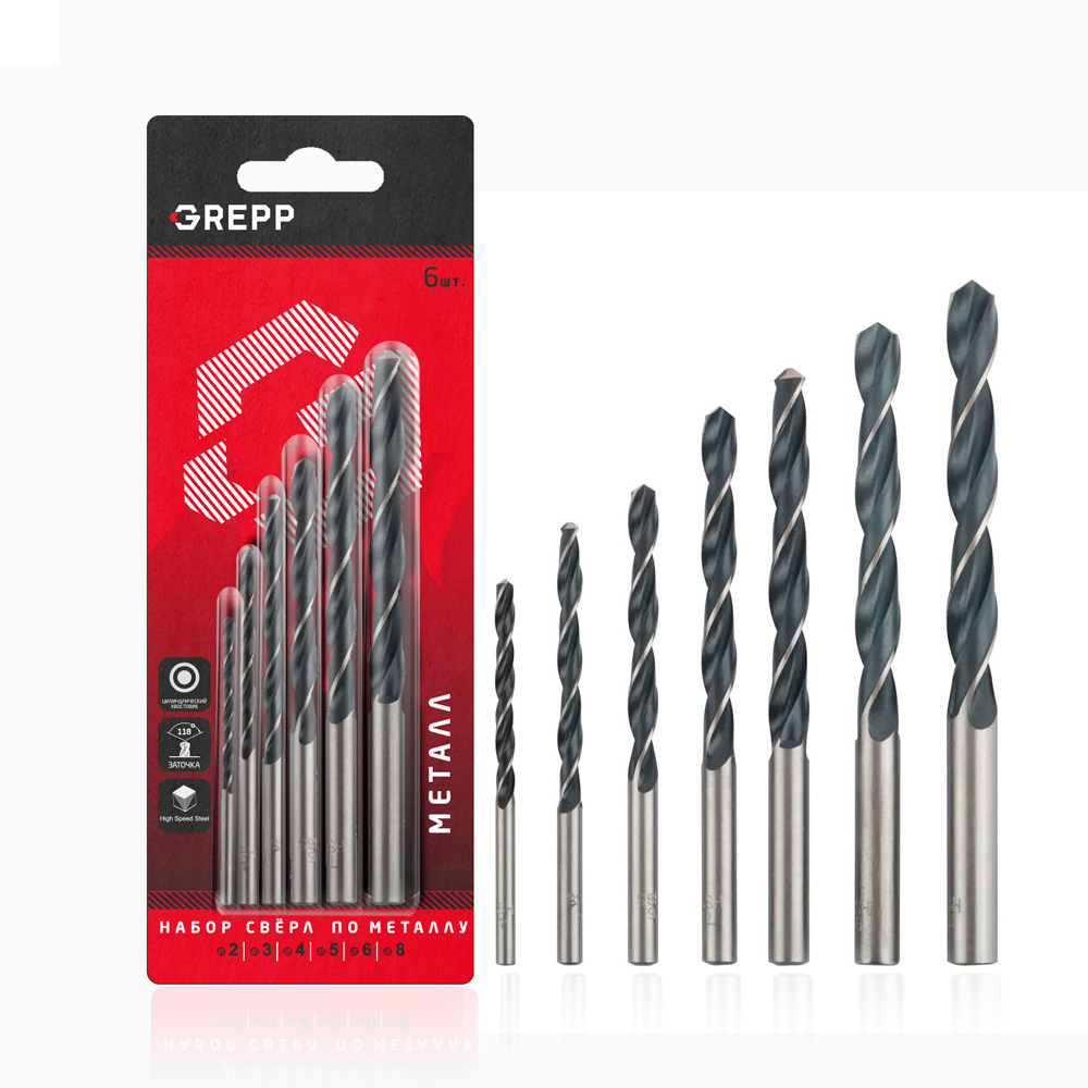 GREPP Набор сверел по металлу HSS 6пр(2,0-3,0-4,0-5,0-6,0-8,0mm) арт 201-0001