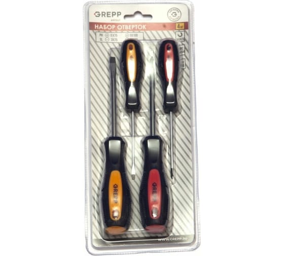 GREPP Набор отверток 4шт (PH0*75mm,PH1*100mm,SL3*75mm,SL6*100mm), CrV,2х комп.ручк 202-024/24