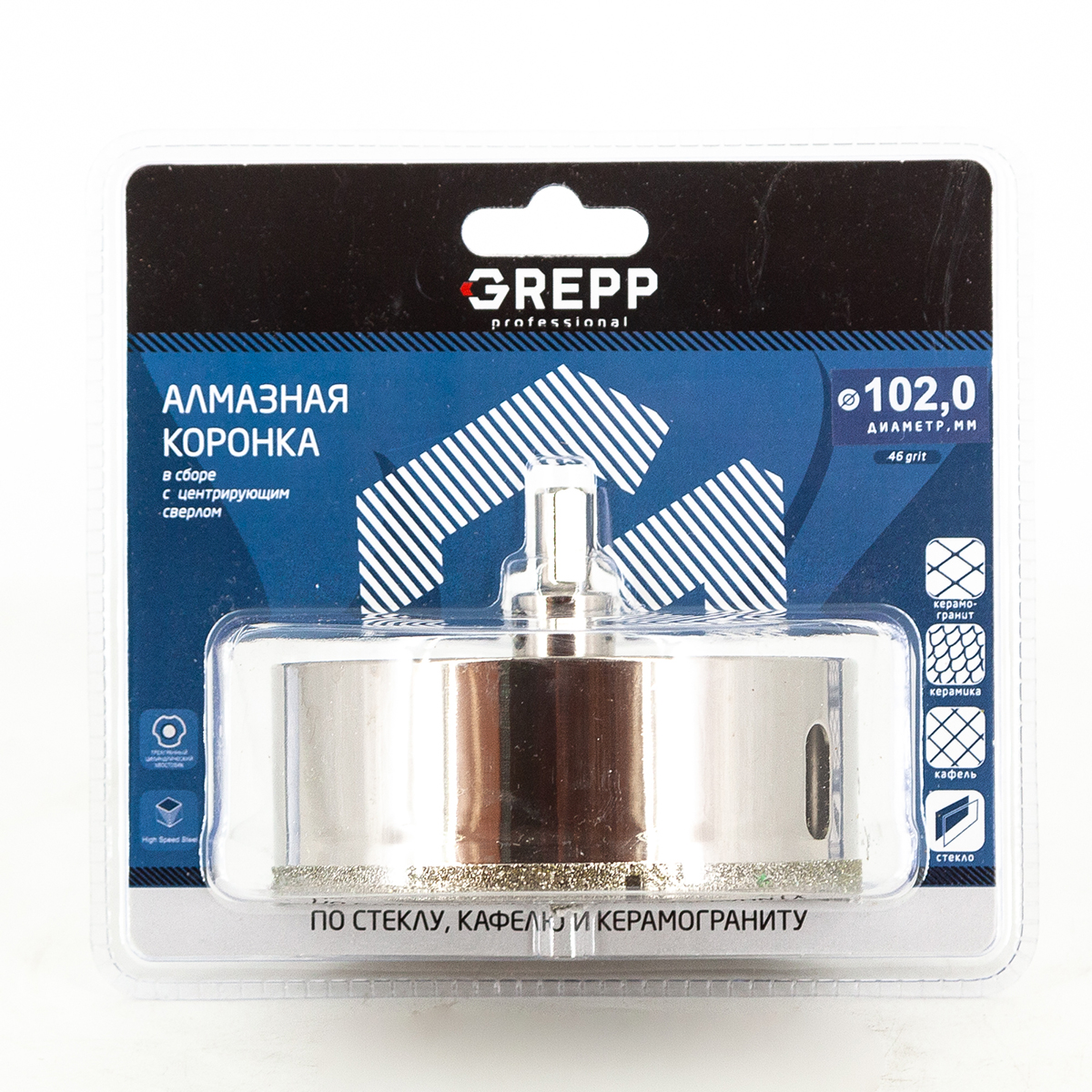 GREPP Коронка алмазная для стекла в сборе с центрирующим сверлом,102mm арт 403-0102